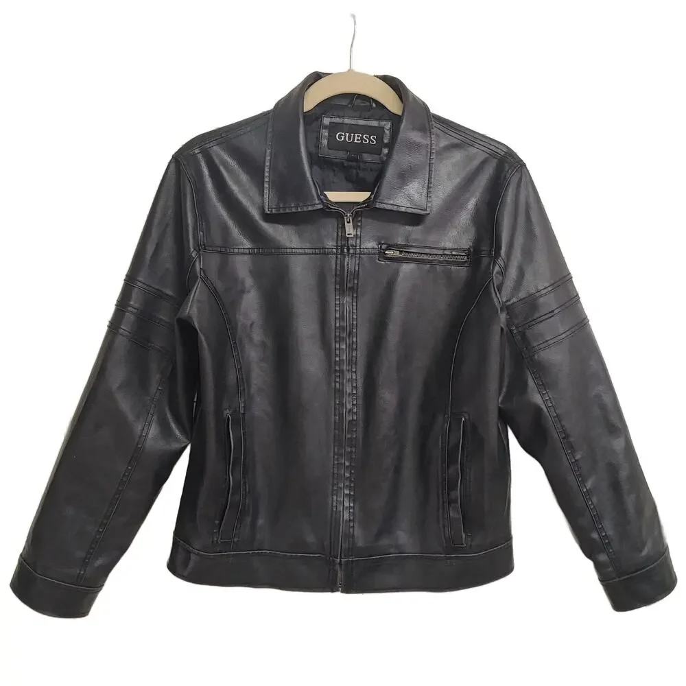 GUESS Men's Faux Leather Moto Jacket Black - Size Large - Full Zip